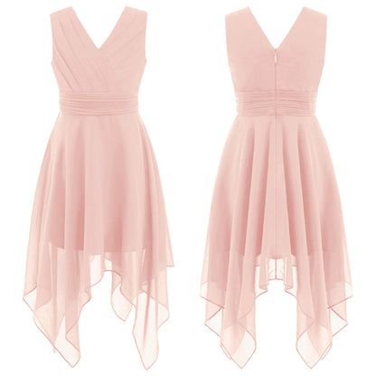 Blumenmädchen-Chiffonkleid mit floraler Spitze, Sommer, ärmellos, hoher, niedriger Saum, formelles Hochzeitskleid für Brautjungfer, Junior, Prinzessin