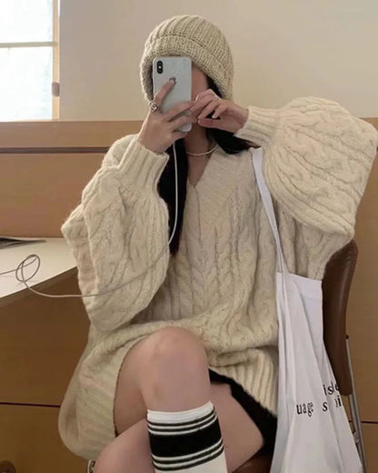 Herbst Winter Frauen Pullover Harajuku Übergroßen Gestrickte Pullover Koreanische Langarm V-ausschnitt Strickwaren Preppy Solide Lose Jumper