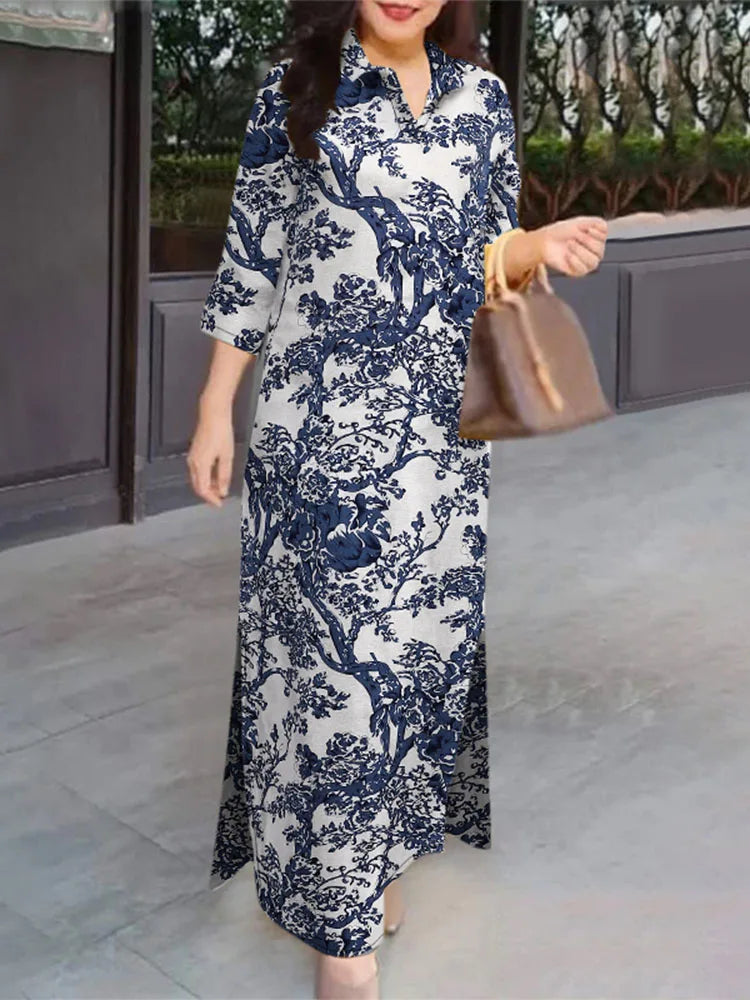 ZANZEA Women 3/4 Sleeve Long Dresses Fall 2024 Fashion Lapel Neck Cotton Shirtdress Vintage Floral Print Maxi Shirt Dress New In.