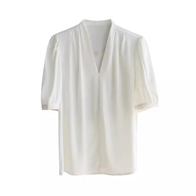 2025 Fashion Summer Short Sleeve V-Neck Women Blouse White Blouse Shirt Women Tops Blouses Shirts Blusas De Mujer Camisas P856.