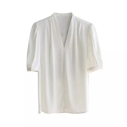2025 Fashion Summer Short Sleeve V-Neck Women Blouse White Blouse Shirt Women Tops Blouses Shirts Blusas De Mujer Camisas P856.