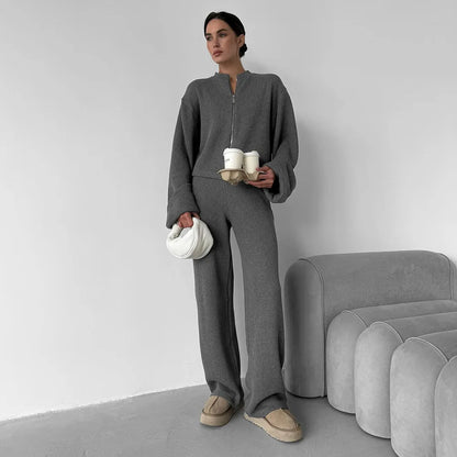 Knit Women 2 Piece Outfit Round Neck Zipper Loose Cuffs Cropped Coat For Lady Sporty Elatic Waist Autumn Female Wide Leg Pants.