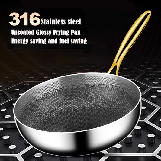 316 Stainless Steel Frying Pan Wok Non-stick Cooking Honeycomb Steak Gas Stove Pot Induction General Saucepan Kitchen Cookware.