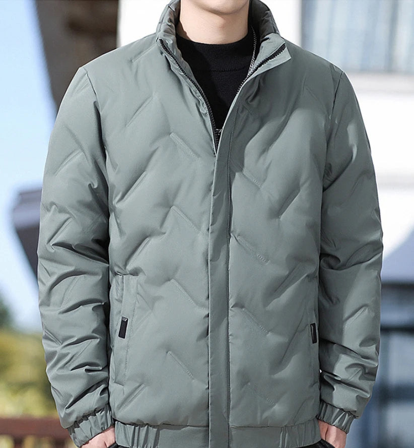 Men's winter standing collar cotton jacket with diamond grid pattern warm jacket, casual solid color fashionable simple jacket.