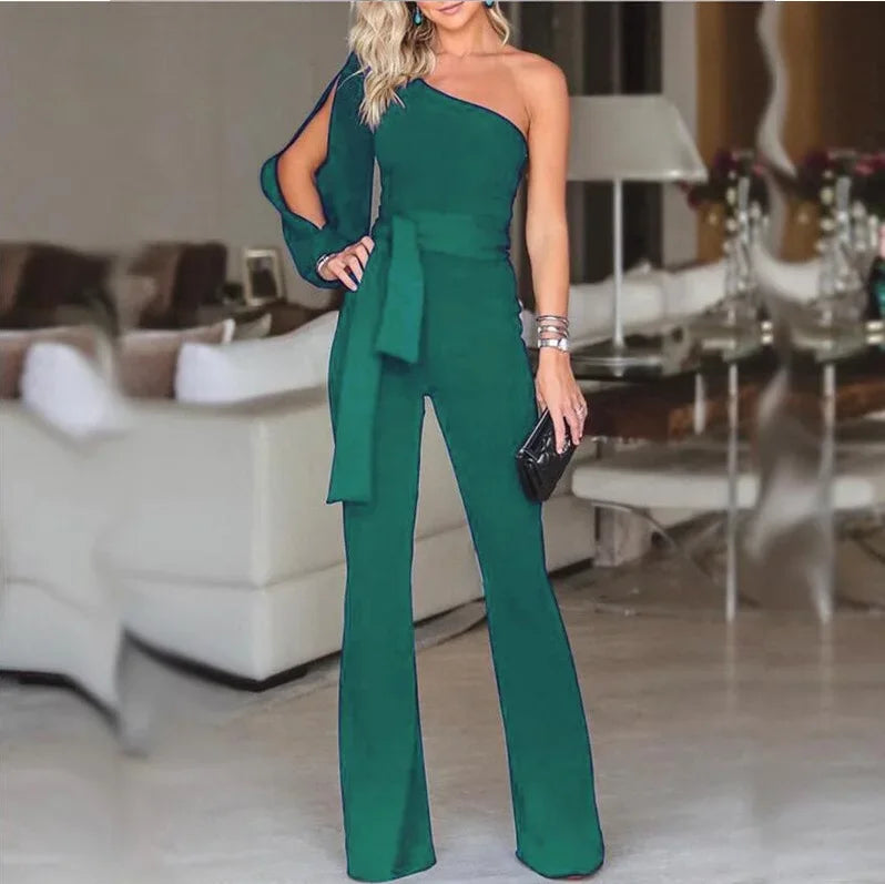2025 Summer New Women's High Waist Tie Up Solid Color Slim Fit Sexy Jumpsuit Slant Shoulder Elegant Banquet Women's Wear.