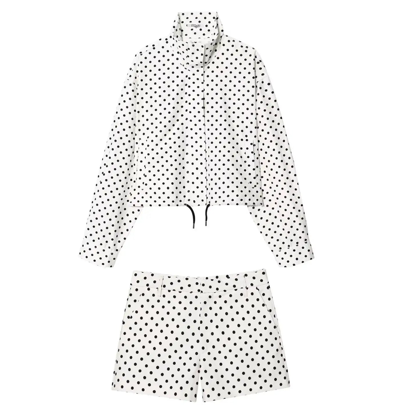 TRAFZA Herbst Polka Dot Gedruckt Jacke Für Frauen Lange Ärmel Rollkragen Zipper Mit Taschen Kordelzug Lose Vintage Mäntel