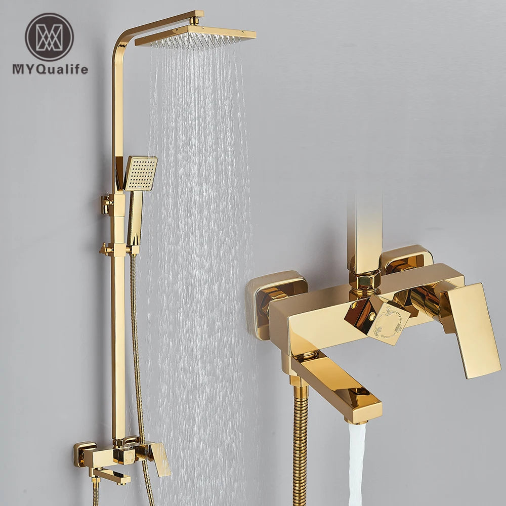 Golden Bathroom Shower Faucet Wall Mounted Rainfall Shower System Bathroom Rotate Bathtub Spout with Hand Shower