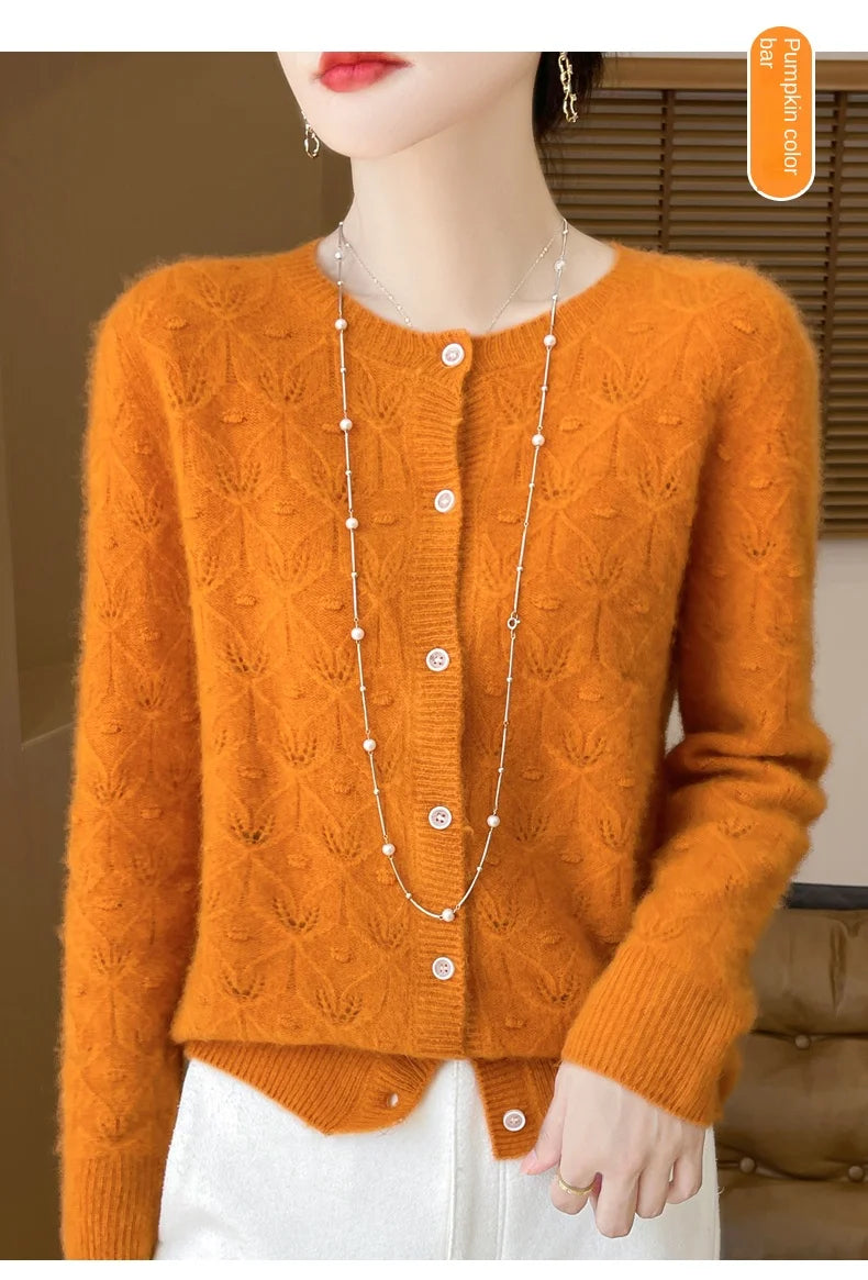 2024 Autumn And Winter New Round Neck Hollowed Out 100 Wool Knitted Cardigan Women's Versatile Coat Loose Casual Sweater DMR281