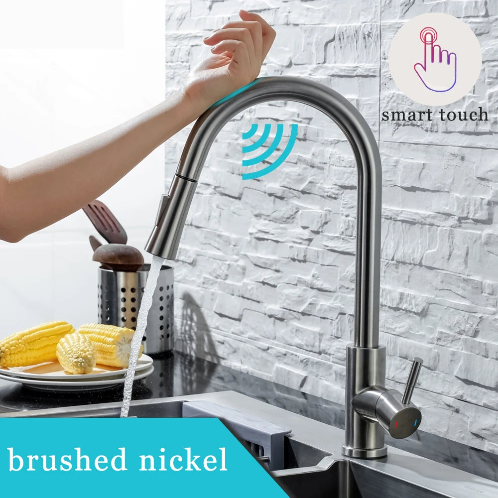 DQOK Küche Wasserhahn Ziehen Gebürstet Nickel Sensor Edelstahl Schwarz Smart Induktion Mixed Tap Touch Control Waschbecken Tap
