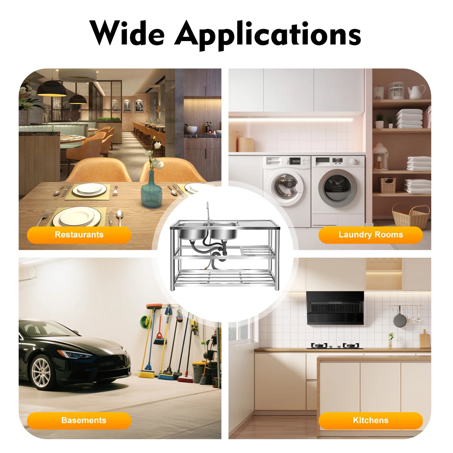 Freistehendes Doppelwaschbecken-Set aus Edelstahl mit Wasserhahn, 3-stufiges Aufbewahrungs-Küchenspüle-Set für den gewerblichen Gebrauch in der Küche, Wäsche