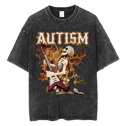 Autism Skeleton Meme T Shirt Human Funny Skull Men Women Harajuku Gothic Vintage Washed T Shirts Oversized Casual Cotton T-shirt.