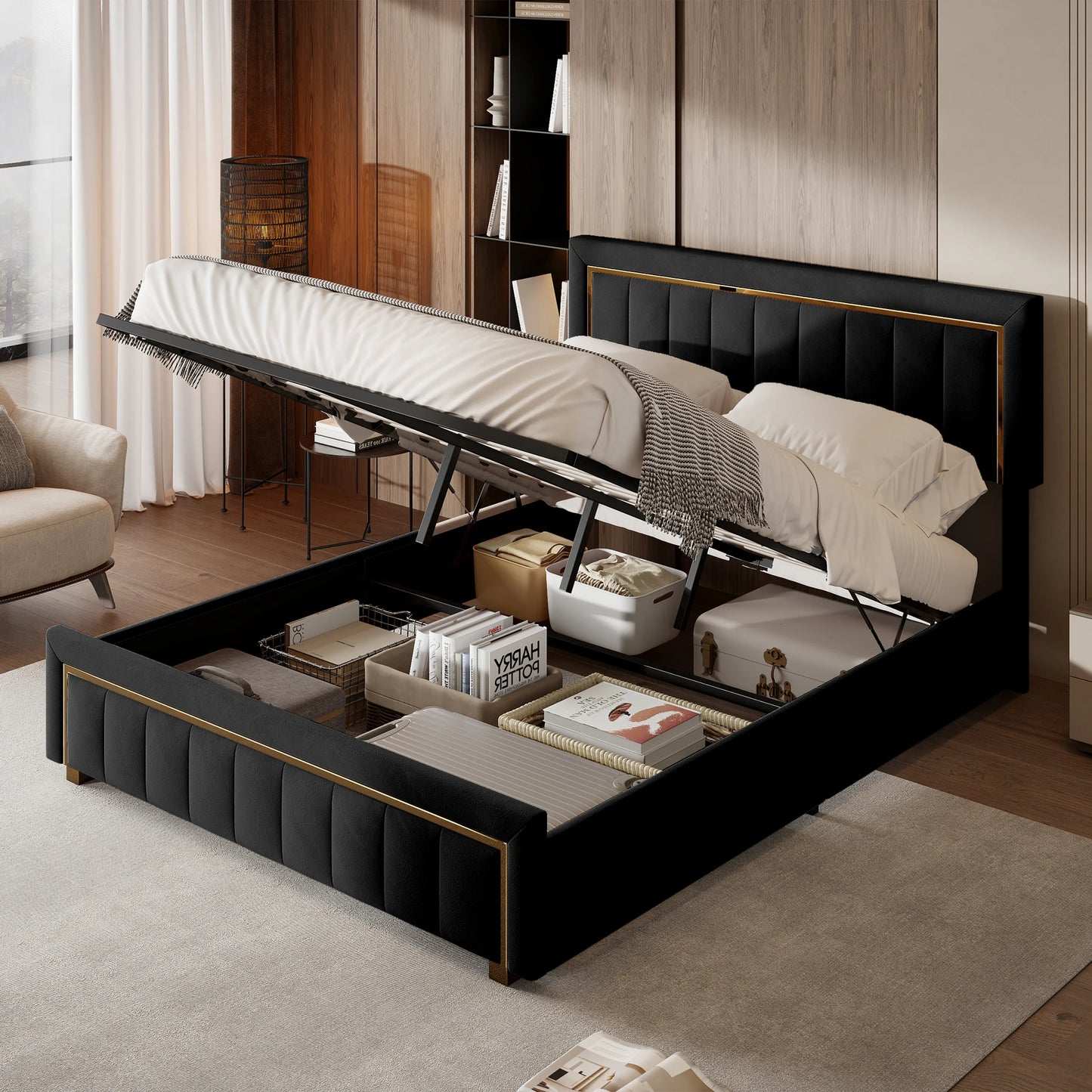 Fangange Polsterbett 40 x 200 cm, hydraulisches Bett mit Lattenrost, Stauraumbett mit Kopfteil, Funktionsbett, Samt, ohne Matratze