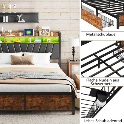 Lazyspace Metall-Doppelbett 160 x 200 cm mit 4 Schubladen, Bettrahmen mit USB-Ladeanschluss und LED-Kopfteil, schwarz, ohne Matratze