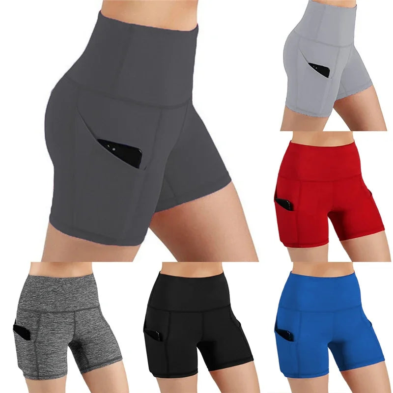Women gym shorts High Waist Lifting Push Up Tight Yoga Cycling biker shorts Phone Pocket Jogging Running Fitness Short Pant lady.
