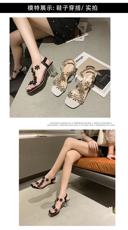 Women;s Sandals Pvc Crystal Flower Shoes for Women Decoration Chunky Heel Sandals Ladies Back Strap Fashion Shoes Female2024.