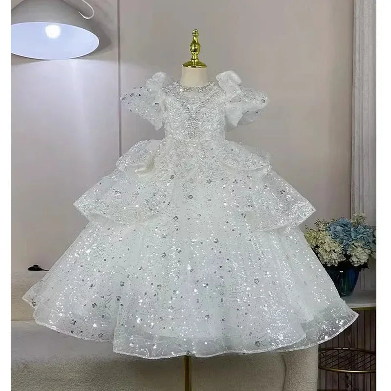 2025, Kinderkleid, Performance-Outfit, Mädchen, Blumen-Pailletten, geschwollenes Kleid, rote Partykleidung, Kinder, Mädchen, Geburtstag, Prinzessinnenkleider, glitzernd.
