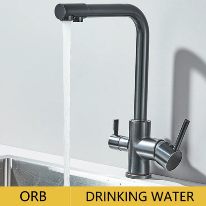 Filter Kitchen Faucet Chrome Drinking Pure Water Kitchen Tap Deck Mounted Dual Handles 3-Ways Hot and Cold Water Mixer