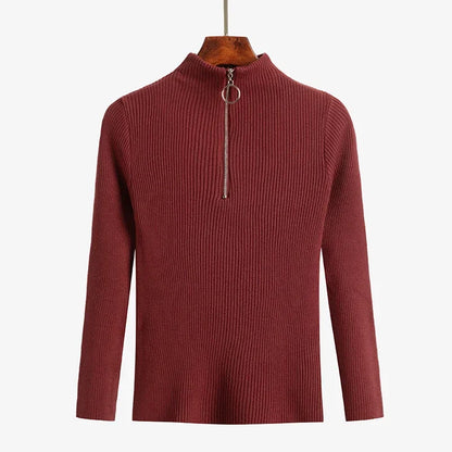 Frauen Fashion Solid Strick Pullover Vintage Langarm Zip-up Grundlegende Hälfte Rollkragenpullover Weibliche Pullover Chic Casual Tops.