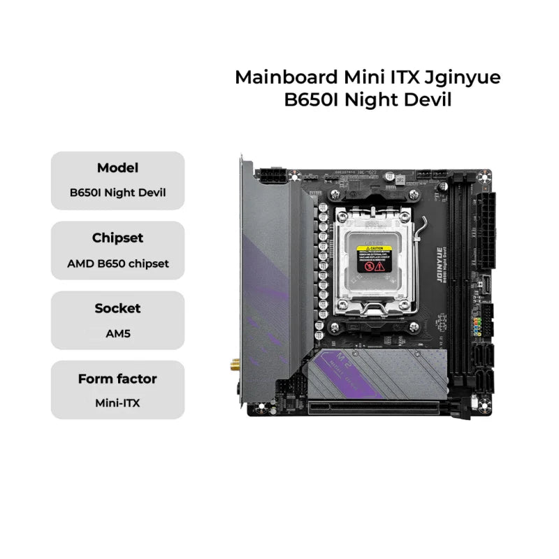 JGINYUE AM5 Motherboard supports AMD Ryzen 7000 series CPU processors DDR5 dual channel Memory RAM ITX B650i Night Devil.