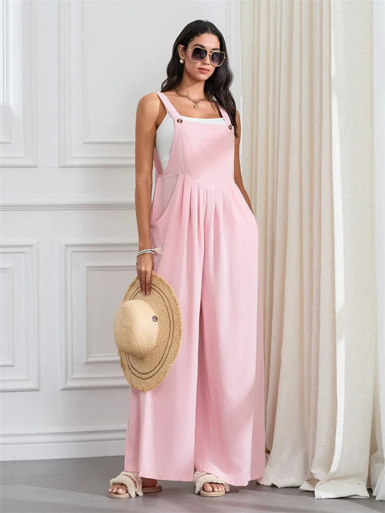 Women Fashion Jumpsuits Sleeveless Buttons Suspender Wide Leg Pant Overalls with Pockets Casual Loose Romper Streetwear.