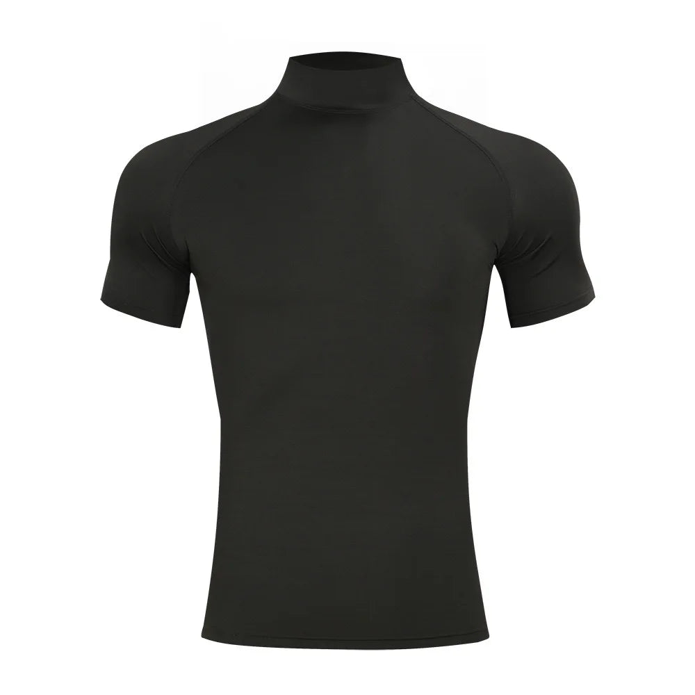 Mens Bodybuilding Sports Tight T-shirt Summer Compression Turtleneck Short Sleeve Gym Fitness Running Quick Dry Male Workout Top.