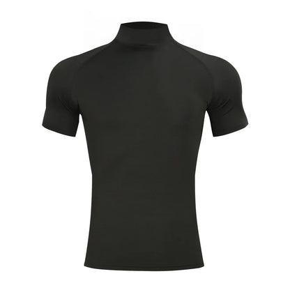 Mens Bodybuilding Sports Tight T-shirt Summer Compression Turtleneck Short Sleeve Gym Fitness Running Quick Dry Male Workout Top.