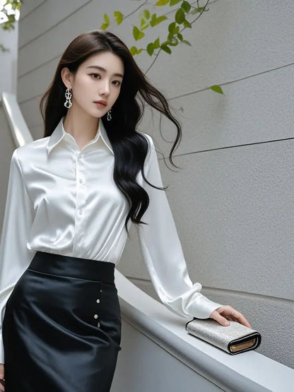 Elegant Silk Office Shirts Women Korean Fashion Y2k Clothes Slim Long Sleeve White Black Blusas Mujer Workwear Tops and Blouses.