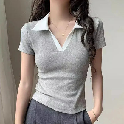 Chic Polo Collar Short Sleeve T-Shirt Women Summer New Design Unique Flip Collar Top Cotton Regular Sleeve Crew Neck T-shirt.