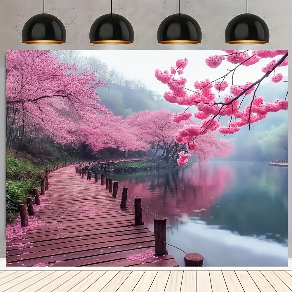 No Installation Needed - Cherry Blossom Floral Tapestry with Pink Sakura Landscape - Easy Hang Wall Decor for Living Room,.