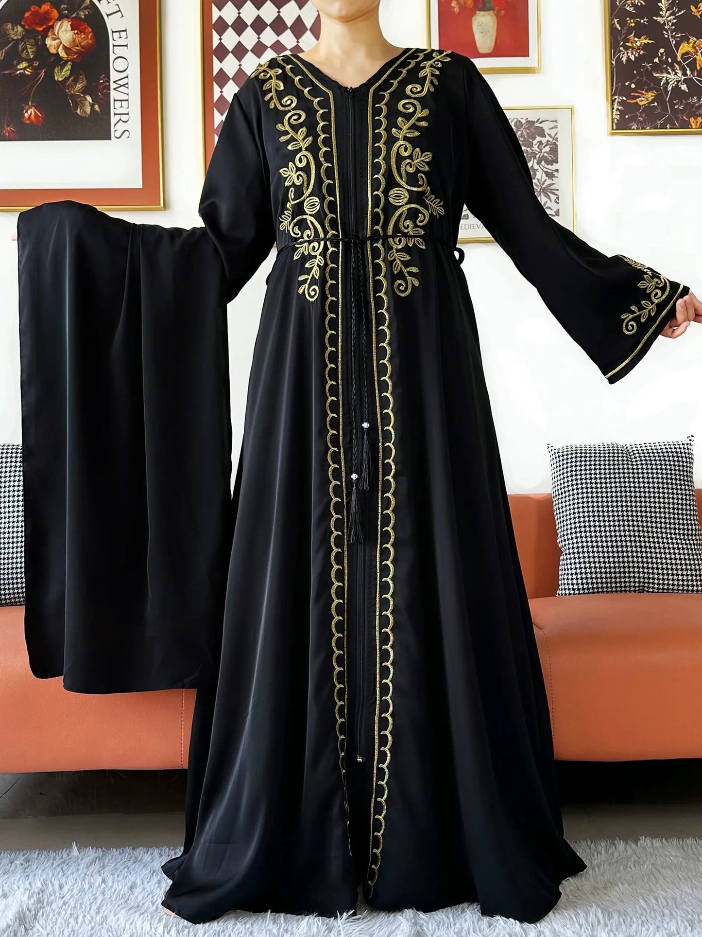 2025 New Elegant Women Abaya Long Sleeve Chiffon Loose Open Abaya Muslim Islamic Clothing Cardigan Style for Special Occasions.