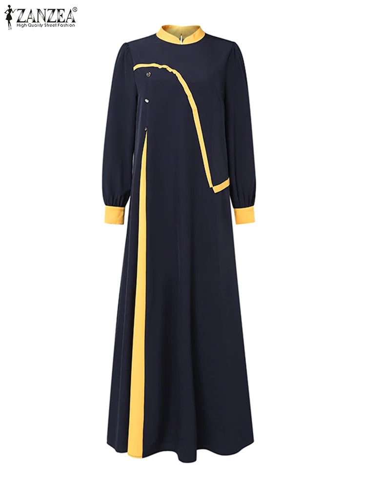 ZANZEA Women Autumn Patchwork Long Sleeve Maxi Dresses Muslim Turkey Abaya Dress Hijab Sundress Robe Femme Loose Vestidos Kaftan.