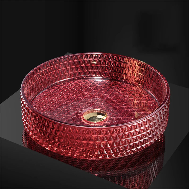 Luxuriöses Waschbecken aus Kristallglas, Badezimmer-Waschbecken, rosa Arbeitsplatte, Kunstbecken, rundes Mini-Schüsselbecken, Waschraum-Waschbecken mit Wasserhähnen