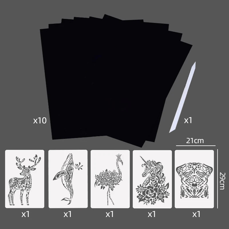 Scratch Art Paper Set 10 Sheets 5 Stencil Templates World Landmarks Animal DIY Kit Creative Painting Craft Magic Toy Kids Gift
