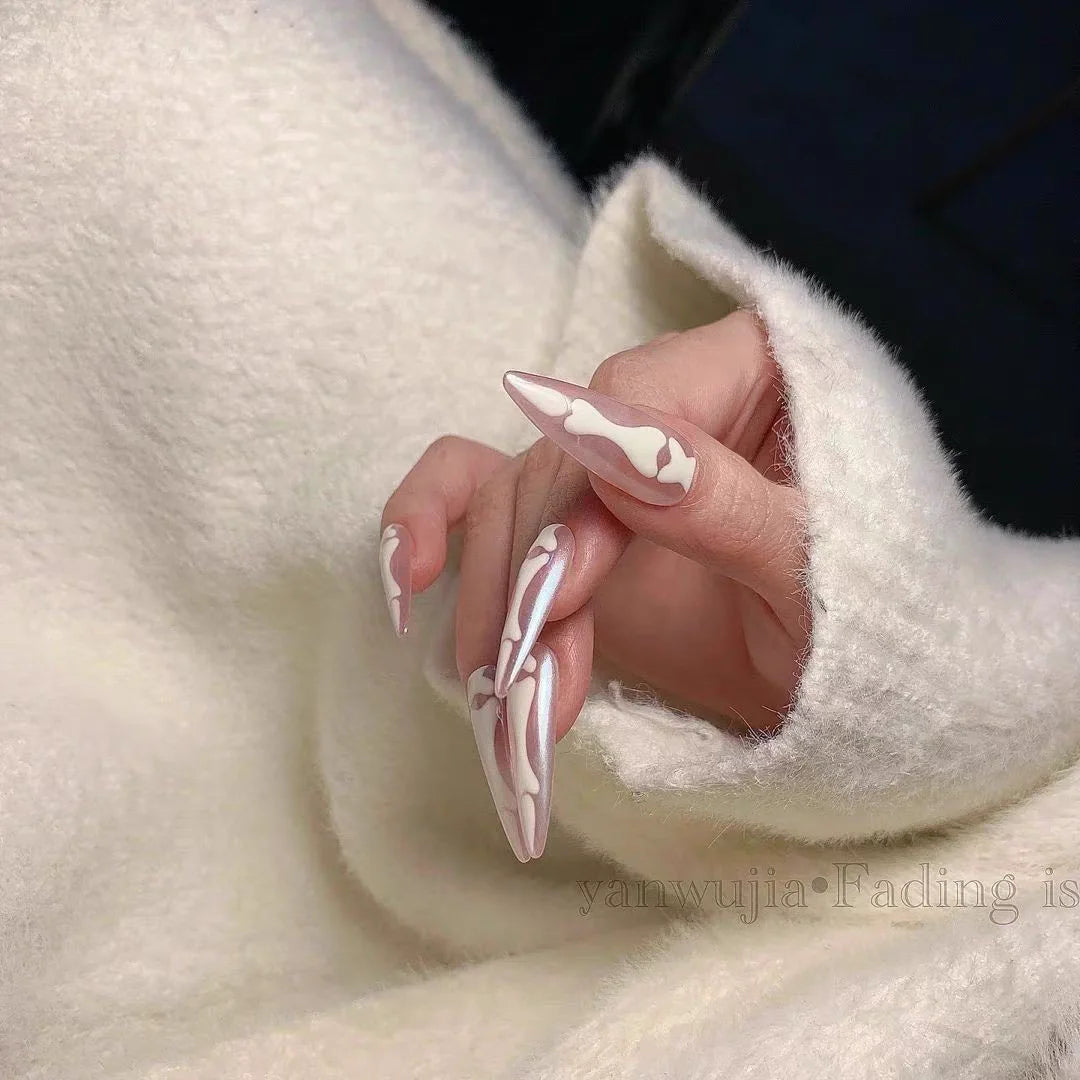 10pcs Halloween Goth Bone Press On Nail-Glossy Long Almond Shape False Nail Sweet and Cool Full Cover Design for Women and Girls.