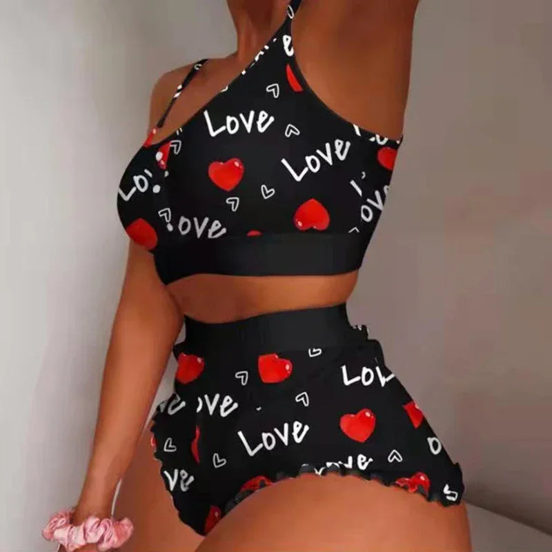 Liebe Gedruckt Spitze Sling Crop Tops und Shorts Sommer 2-Stück Pyjama Set Frauen Nachtwäsche Hause Kleidung Loungewear pijamas.