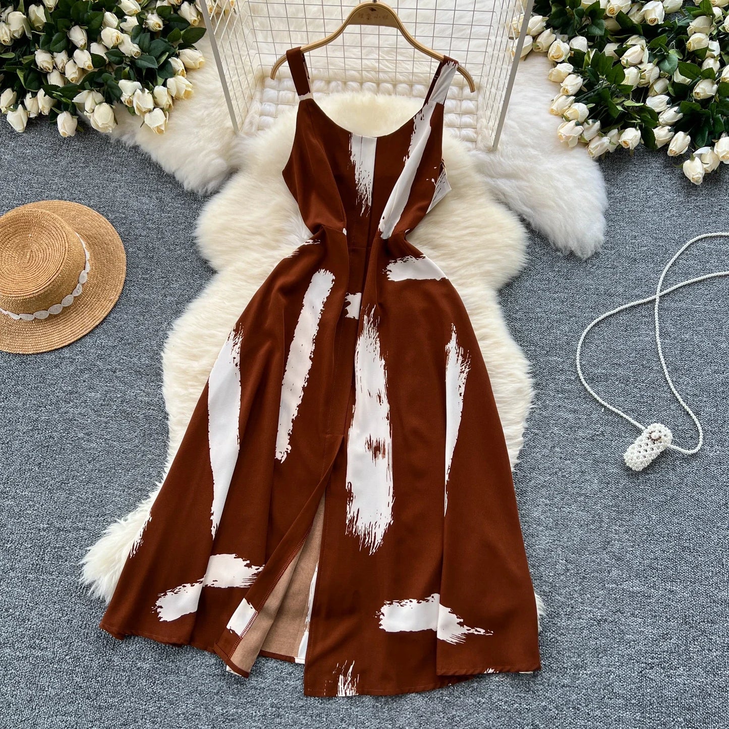 Neue Sommer Druck Süße Kleid Träger O Neck Backless Split Elegante Damen Urlaub Strand Party Midi Sommerkleid.