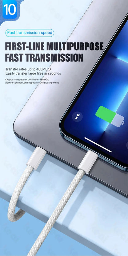 1-50Pcs 60W USB C to Type C Weaving Cable For Apple iPhone 11 12 13 14 15 16 Pro Max Plus Fast Charging Cable Phone Accessories.