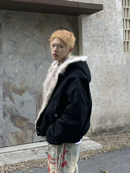 American Retro Woolen Collar Hooded Cotton Jacket Winter Thick Plush Top Men Street Hip-Hop Gothic Harajuku Oversize Jacket Coat.