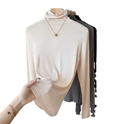 Yuyue Women's High-necked High Strecth Bottoming Shirt Old Money Style Silk Pile Collar Base Top Contain Mulberry Silk and Wool.