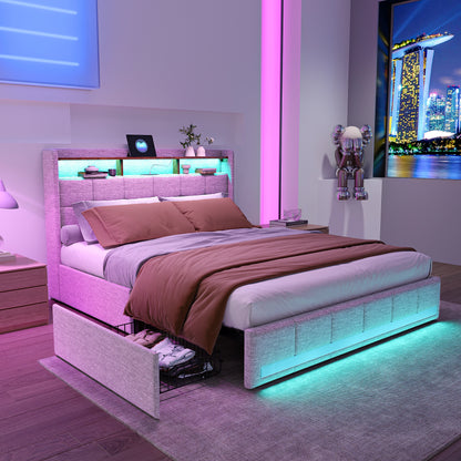 Lazyspace Leinen-Polsterbett, Bettrahmen mit Stauraum, 4 Schubladen, LED-Lichtleiste und USB-Aufladung vom Typ C