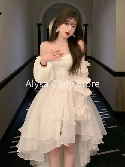 Elegante Rüschen Chic Fee Kleid Frauen Weiß Süße Koreanische Stil Prinzessin Kleid Weibliche 2023 Sommer Slash Neck Casual Party Kleid.