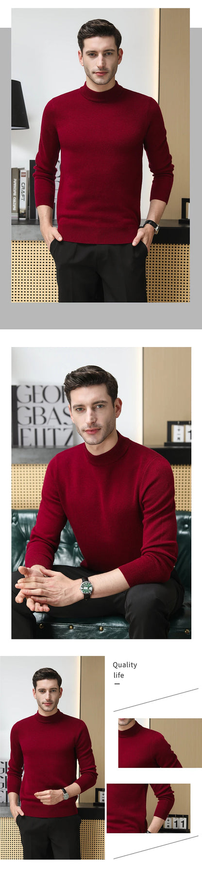 High End 100% Wool Thick New Autum Winter Fashion Brand Pullover Knit Half Turtleneck Business Sweater Casual Men Clothing.