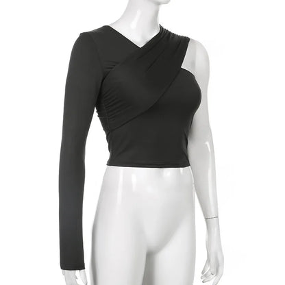 Personalized Street Hottie Single Shoulder Solid Color Top Sexy Off-the-shoulder Slim-fitting Long-sleeved Bottoming Shirt.