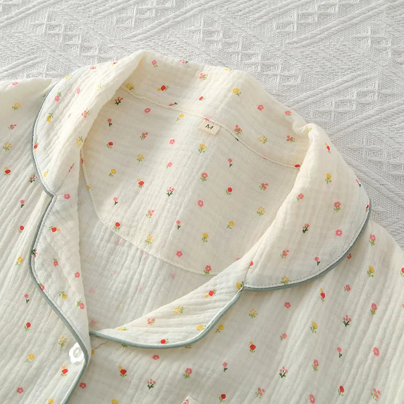 Pajamas pure cotton three-piece set spring and summer thin crepe autumn gauze lapel short-sleeved trousers shorts loungewear set.