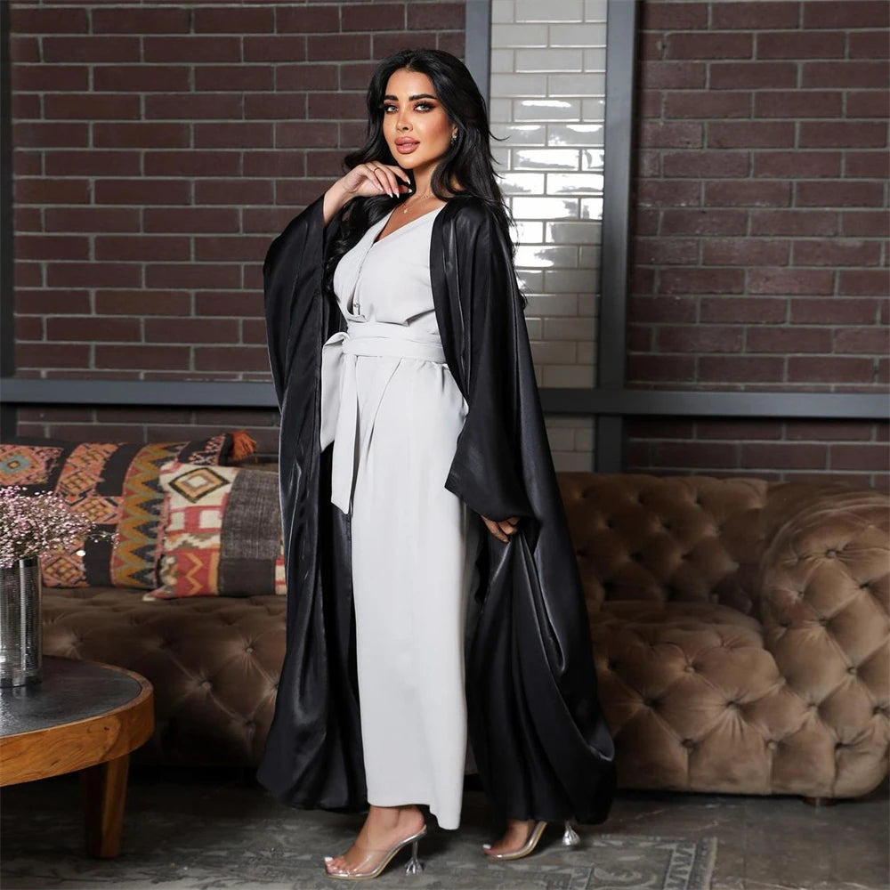 Ramadan Dubai Pink Satin Modest Open Butterfly Batwing Kimono Abaya Cardigan Islam Muslim Dress For Women Kebaya Robe Musulmane