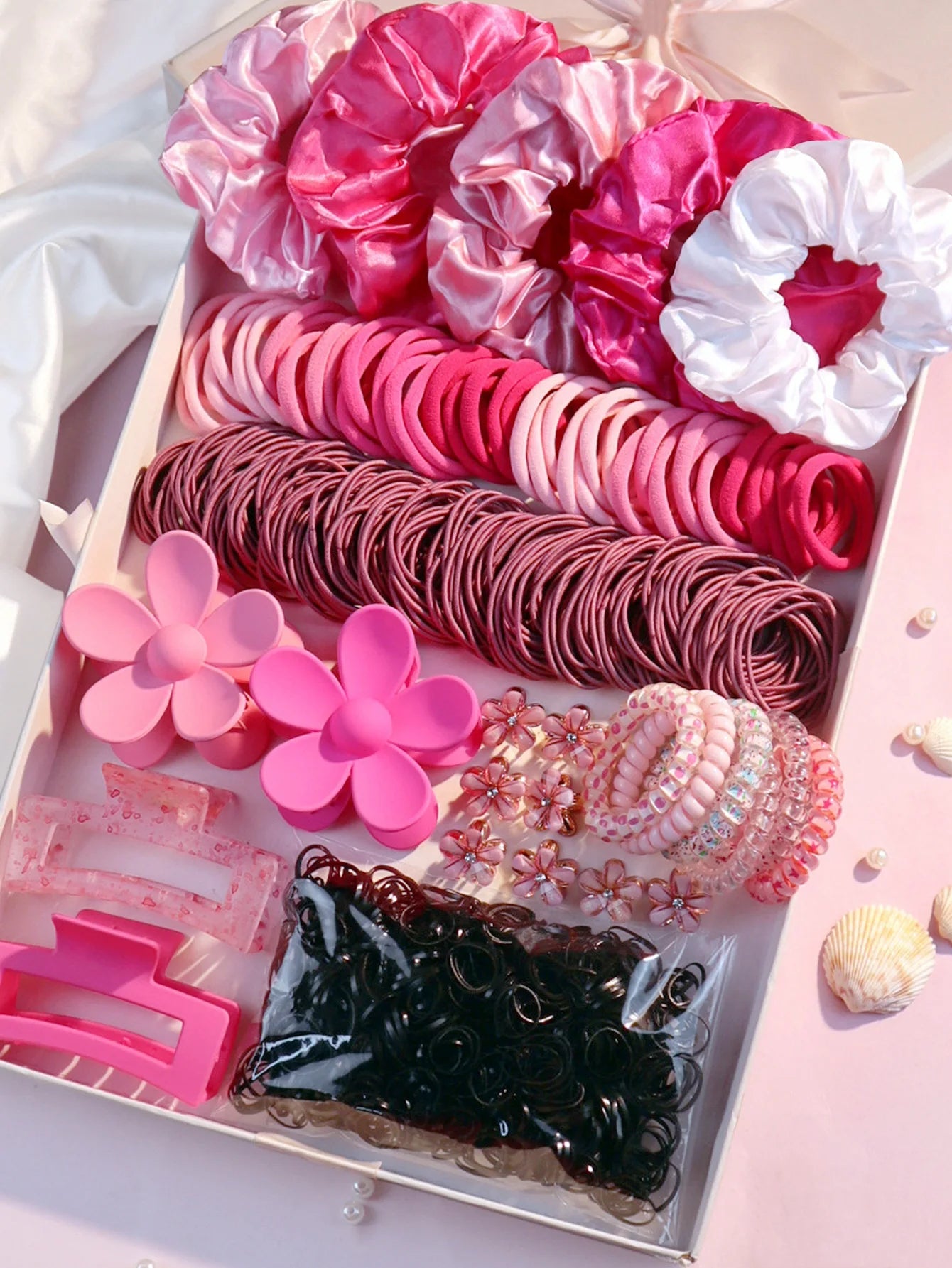 Fashionable Pink Hair Accessories Set for Women, Seamless Ponytail Holders Variety Hair Scrunchies For Women Lady 2024.