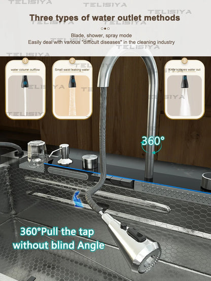 Edelstahl-Küchenspüle, multifunktionale Digitalanzeige, Wasserfall, großer Einzelschlitz mit Rack für Messerwaschbecken