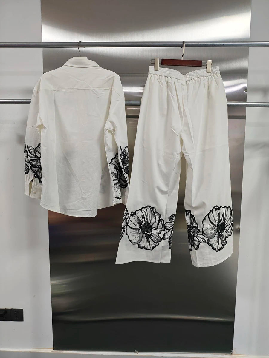 TWOTWINSTYLE Hit Color Loose Casual Two Piece Set For Women Lapel Long Sleeve Loose Top High Waist Temperament Pant Sets Female.