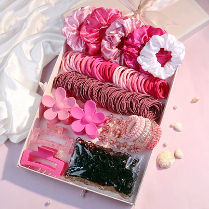 Fashionable Pink Hair Accessories Set for Women, Seamless Ponytail Holders Variety Hair Scrunchies For Women Lady 2024.