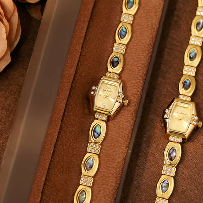 BS New Natural Black Gold Abalone Shell French Vintage Design Watch Woman Elegant Luxury Tonneau Dial Quartz Women's Watches.